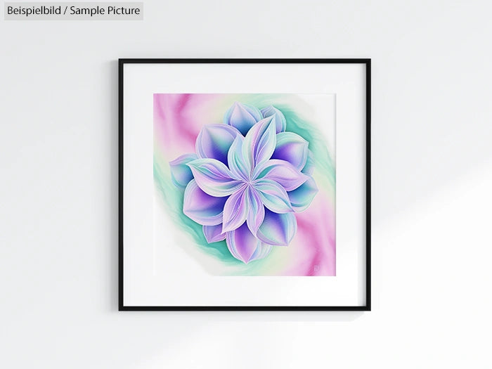 Framed abstract flower artwork with pastel pink, purple, and green hues on a light background.