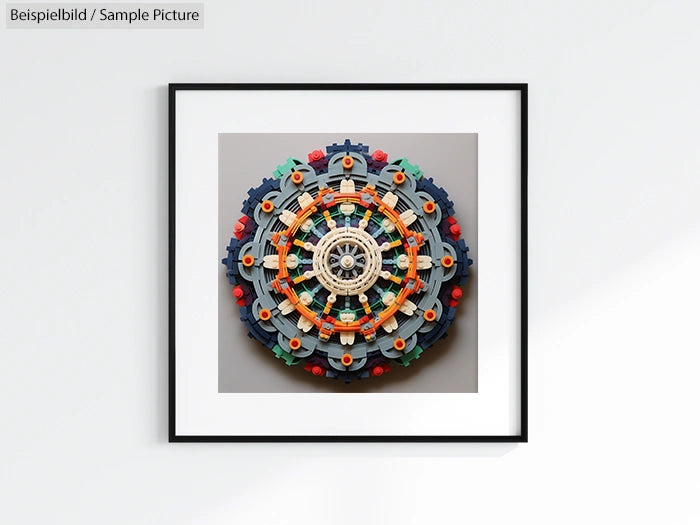 Framed image of a colorful, circular Lego sculpture resembling a mandala on a white wall.