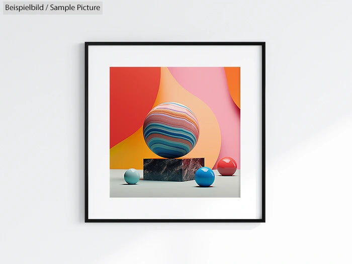 Framed abstract art with colorful striped sphere on marble base against vibrant pink and yellow background.