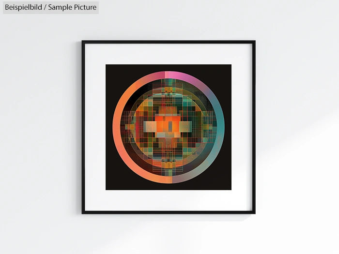 Framed geometric abstract art with colorful circular design on white wall.