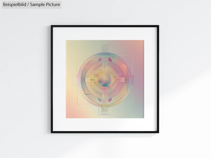 Framed abstract art with concentric circles and pastel colors on a white wall.