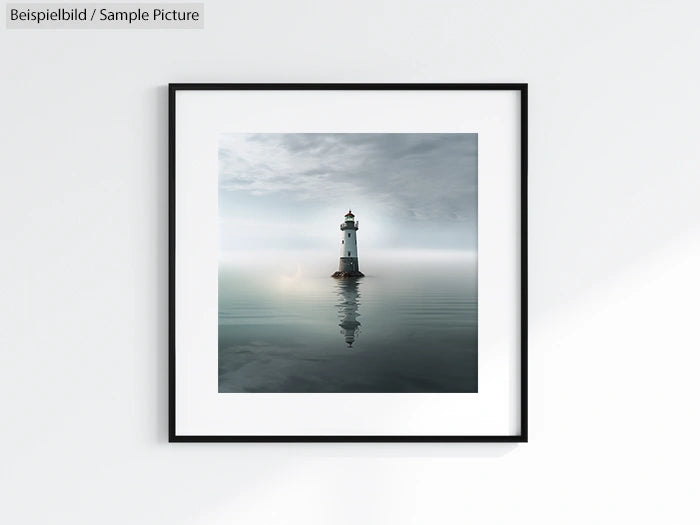 Framed picture of a lighthouse in a calm sea with cloudy sky.