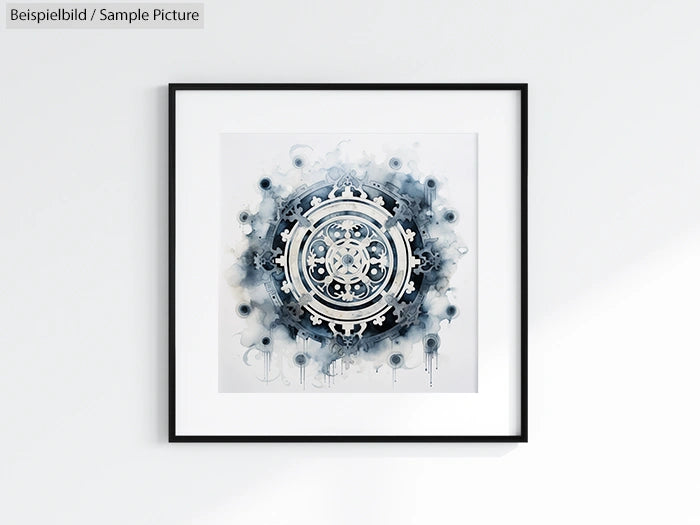 Framed abstract artwork with circular patterns in black, white, and blue hues on a light background.