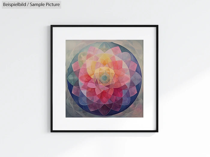 Framed geometric art print with colorful overlapping circular patterns on a plain wall.