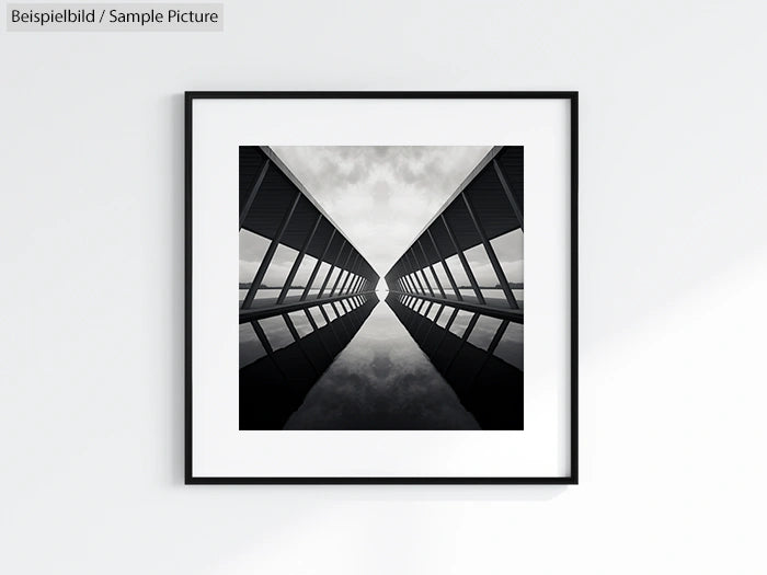 Black and white photo of a symmetrical bridge with reflection, framed on a white wall.