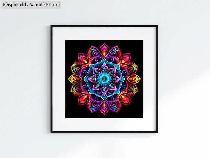 Framed vibrant mandala artwork with intricate patterns in purple, blue, and red hues on a black background.