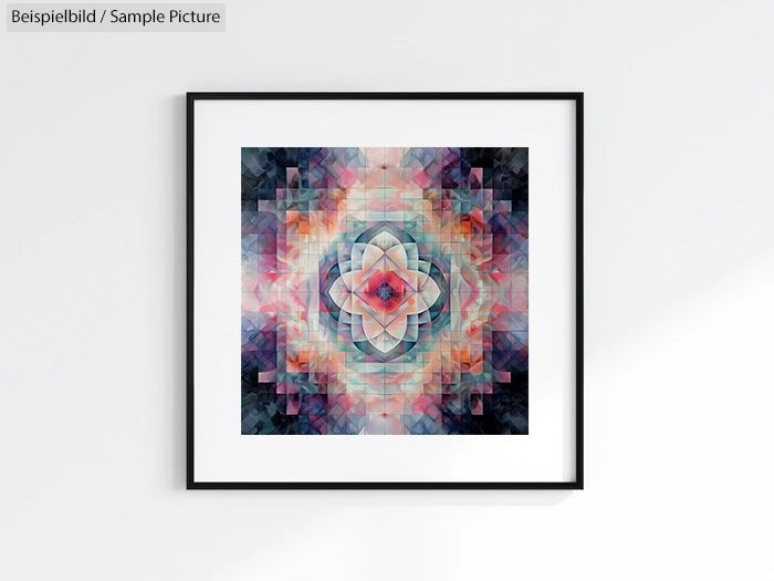 Colorful geometric abstract artwork in square black frame on a white wall.