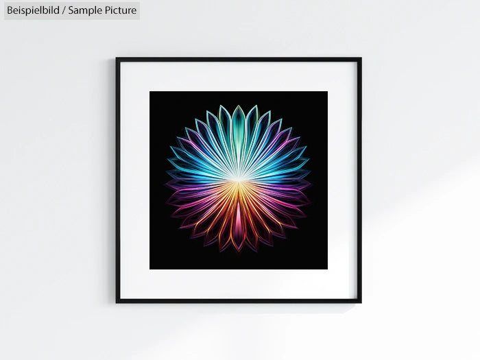 Framed artwork of a multicolored geometric flower pattern on a black background.