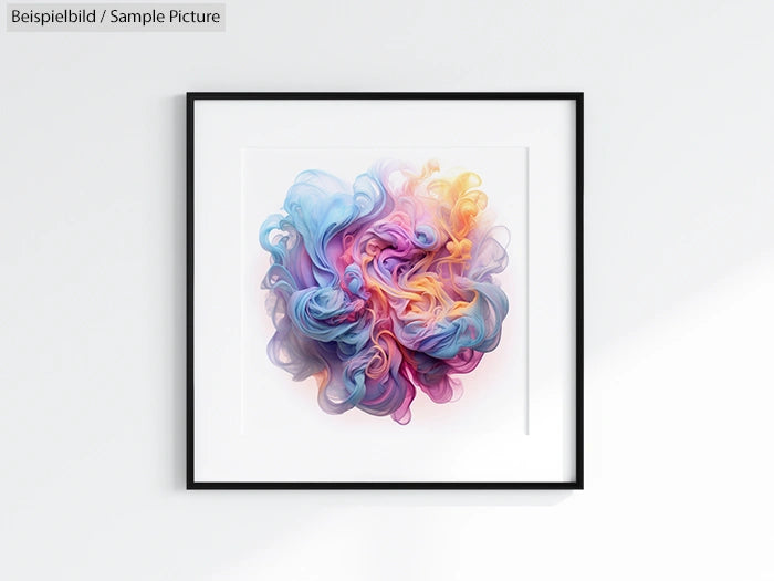 Framed abstract art with swirling pastel colors on a white background.