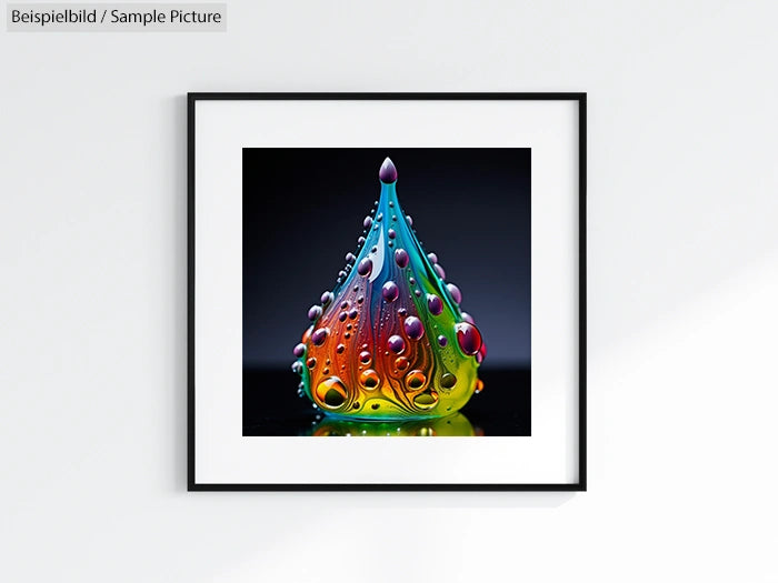 Framed abstract art print of a colorful teardrop with vibrant rainbow hues and intricate details.