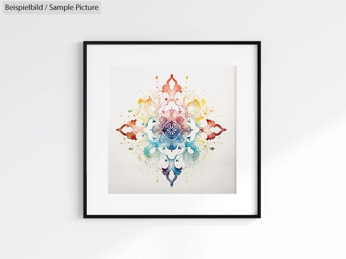 Framed decorative mandala art with colorful floral patterns on a light background.