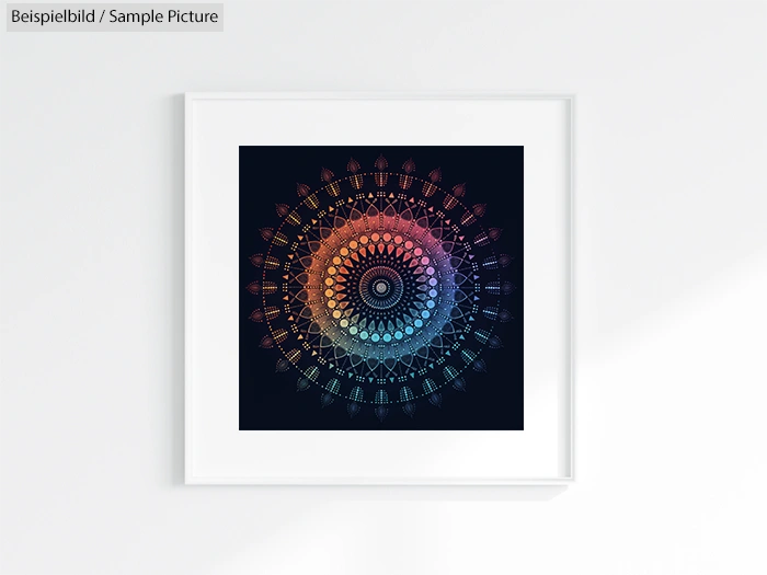 Framed mandala art with rainbow gradient on a dark background, displayed on a white wall.