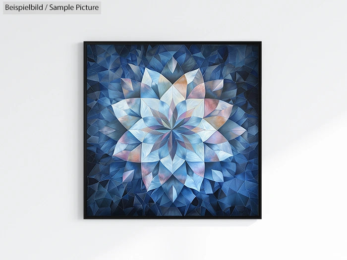 Abstract geometric mandala with blue and pink hues in square black frame against a white background.