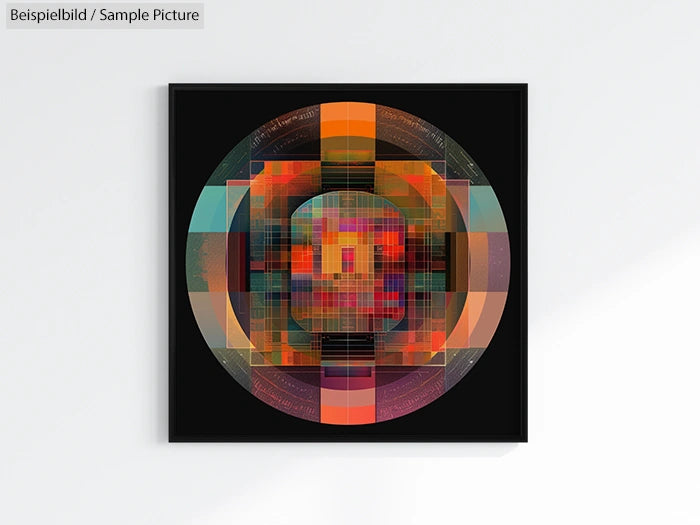 Colorful geometric abstract art with concentric circles on a black square canvas.