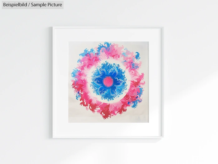 Framed abstract artwork with vibrant blue and pink floral patterns.