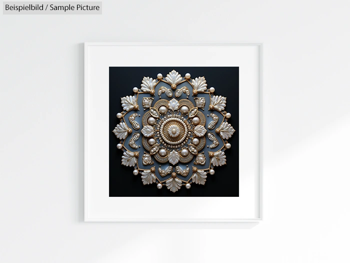 Stylized floral medallion with pearl and leaf detail in a white frame, displayed against a white wall.