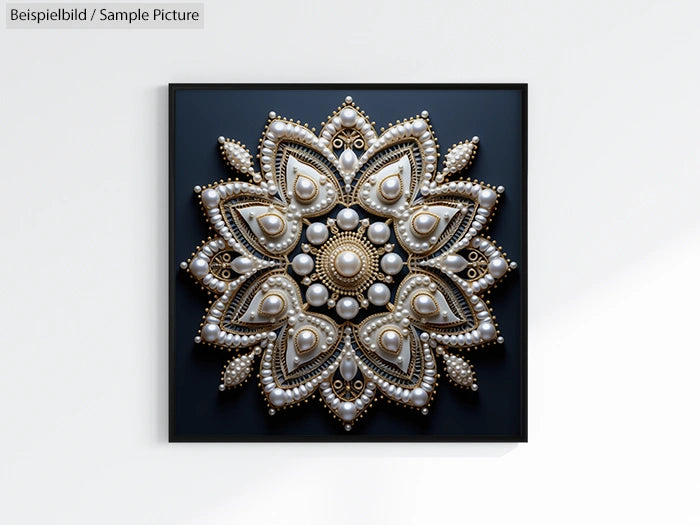 Intricate floral mandala with beads and pearls on dark background, framed in black square.