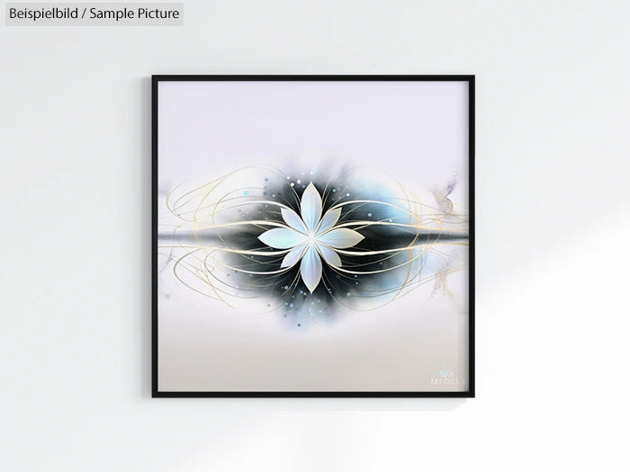 Framed abstract painting with a white lotus and swirling gold lines on a soft blue-grey background.