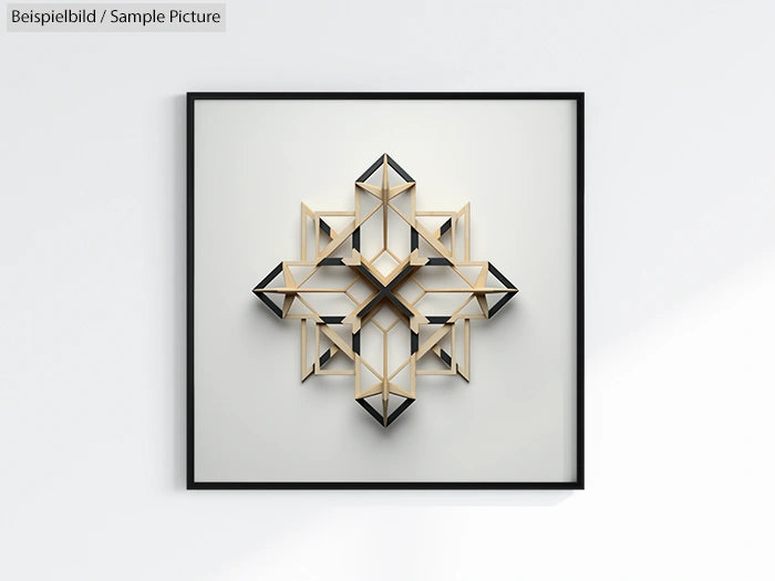 Geometric wall art with interlocking black and beige 3D shapes in a wooden frame.