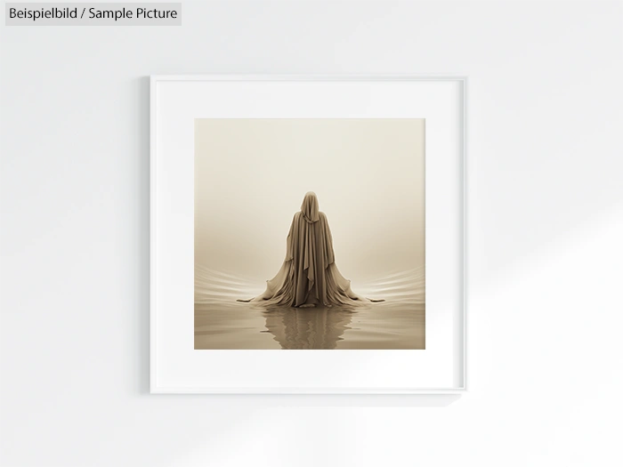 Artistic photo of a cloaked figure standing still on water, muted colors, framed display on a bright wall.