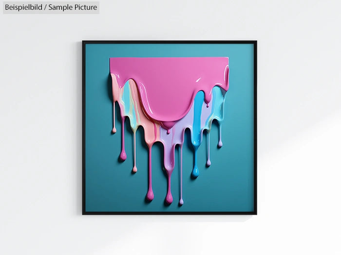 Framed abstract art with colorful paint drips on a teal background, featuring pink, blue, and purple hues.