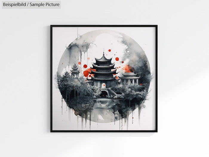 Framed abstract art of a traditional Asian temple with red accents and smoky effects on a white background.