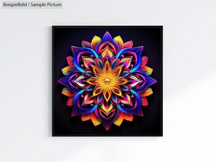 Colorful mandala art in a square frame with intricate floral patterns on a black background.