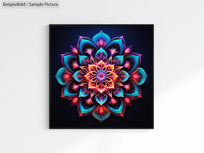 Vivid mandala artwork with colorful floral patterns on a dark background, featuring shades of blue, pink, and orange.