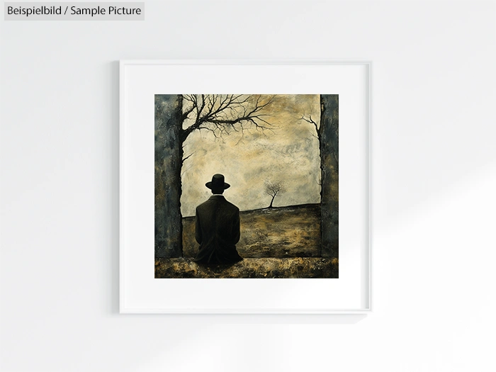 Framed surreal painting of a man in a hat sitting with barren trees and a moody sky.