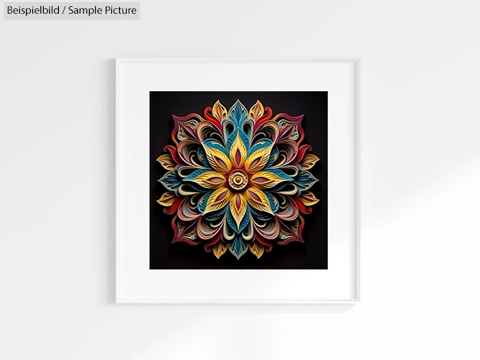 Framed intricate paper quilling art with colorful flower design displayed on white wall.