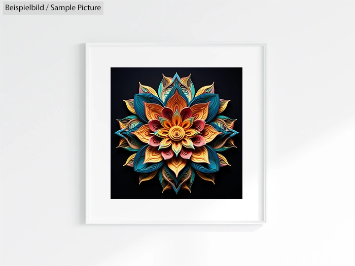 Framed artwork of a colorful, intricate flower mandala design set against a dark background.