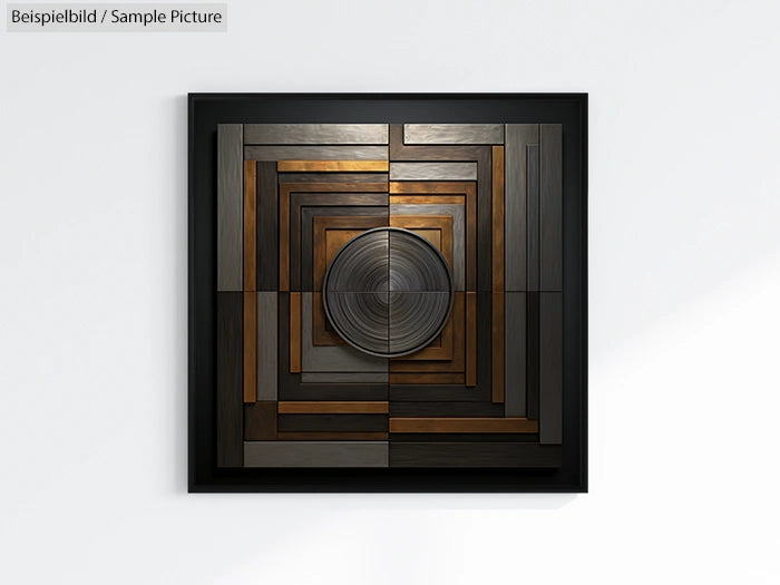 Square abstract artwork with concentric wooden layers and a central metallic disc, framed in black.