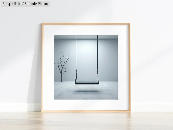 Framed minimalist photo of a swing against a white wall with a tree silhouette.