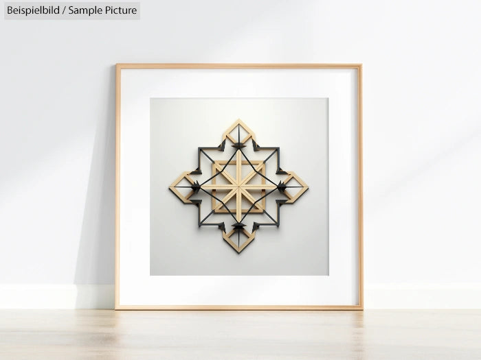 Framed abstract geometric artwork with intersecting lines in black and wood tones on a white background.