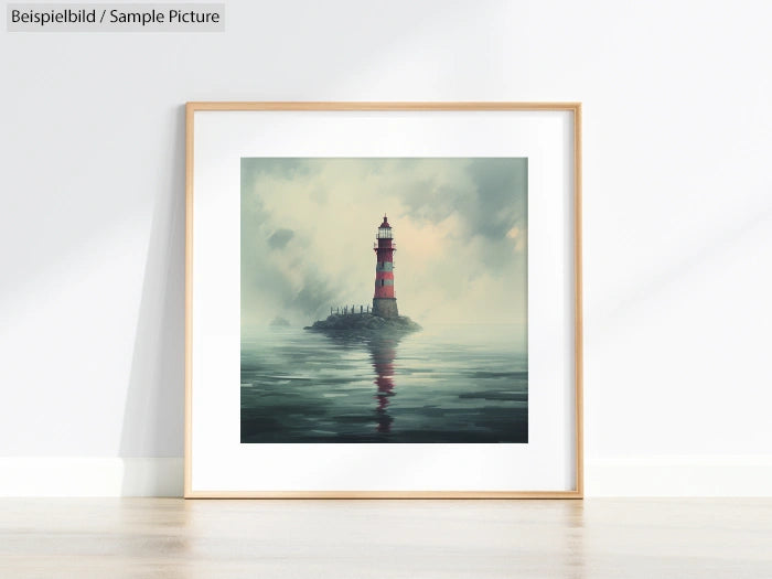 Framed painting of lighthouse on misty ocean waters, with soft pastel colors.