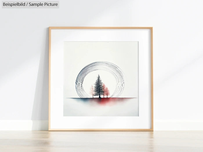 Framed minimalist artwork depicting two trees with circular patterns on a light background, leaning against a wall.