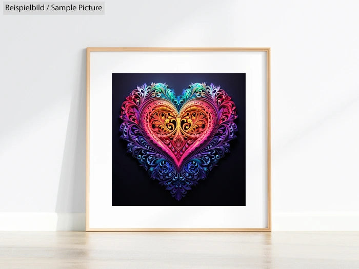 Framed quilled heart art with vibrant swirling patterns in blue, pink, and gold on a dark background.