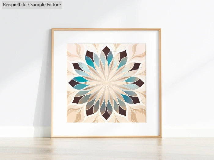 Framed geometric artwork with teal and beige floral pattern on wall.