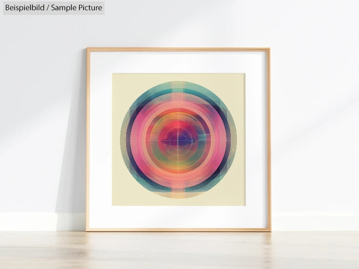 Framed abstract art of concentric circles in vibrant colors on a light wall with a subtle shadow.