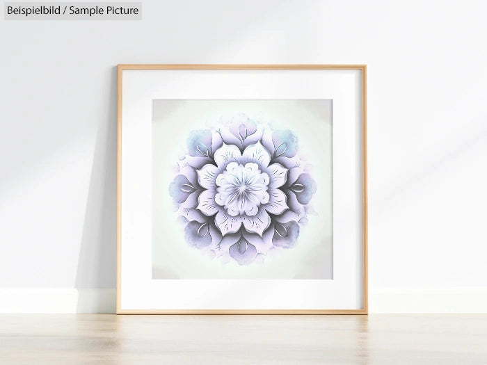 Framed mandala artwork with floral patterns in soft purple and white tones displayed on a light-colored floor.