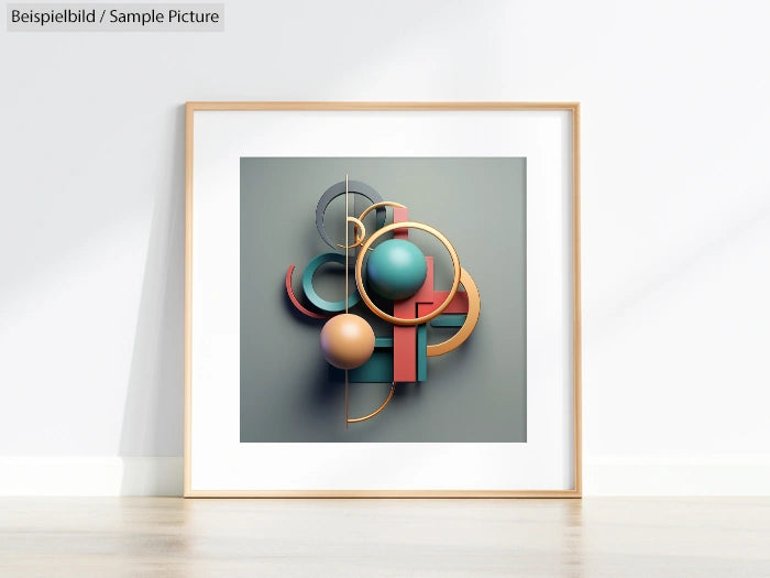 Framed abstract 3D art piece with colorful geometric shapes, including spheres and rings, on a gray background.