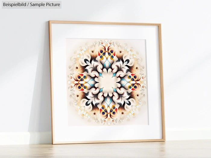 Framed abstract art with symmetrical floral design, featuring vibrant colors and intricate patterns on a white wall.