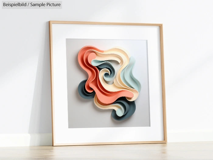 Framed abstract art with wavy 3D shapes in pastel colors, leaning against a white wall on wooden floor.