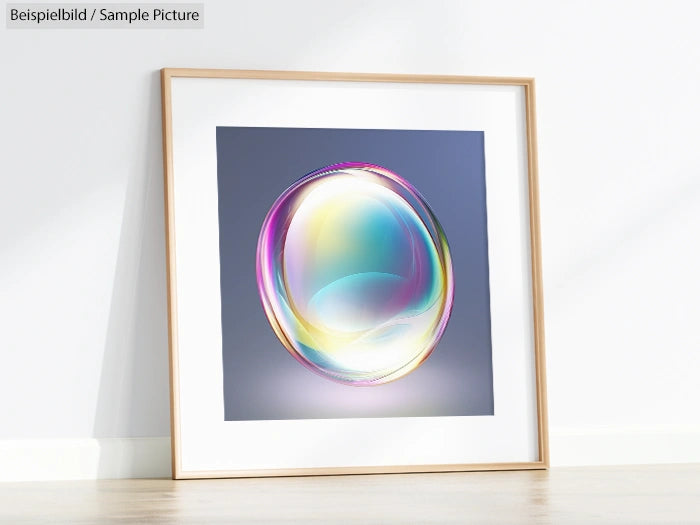 Framed digital art print of an iridescent bubble on a gray background, leaning against a white wall on a light floor.