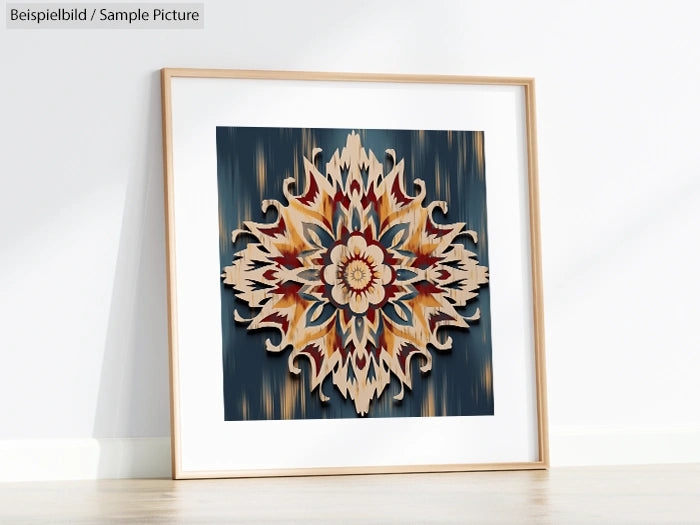 Framed abstract geometric art with symmetrical floral pattern in warm tones, mounted on a dark wall.