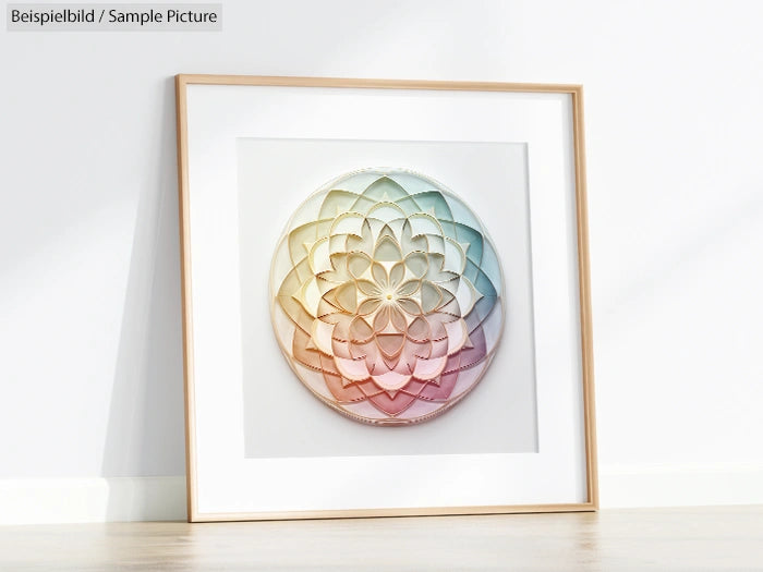 Framed artwork featuring a colorful geometric mandala design leaning against a white wall.