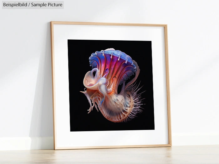 Framed abstract artwork with vibrant colors depicting a fantastical sea creature on a black background.