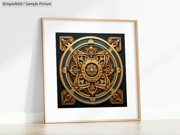 Framed ornate mandala art with intricate gold and bronze detailing on a dark background.