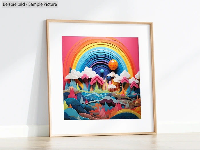 Framed colorful abstract art with rainbow, clouds, mountains, and planet on a white wall.