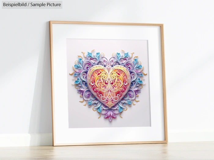 Framed decorative heart art with colorful swirls and flourishes in a modern setting.